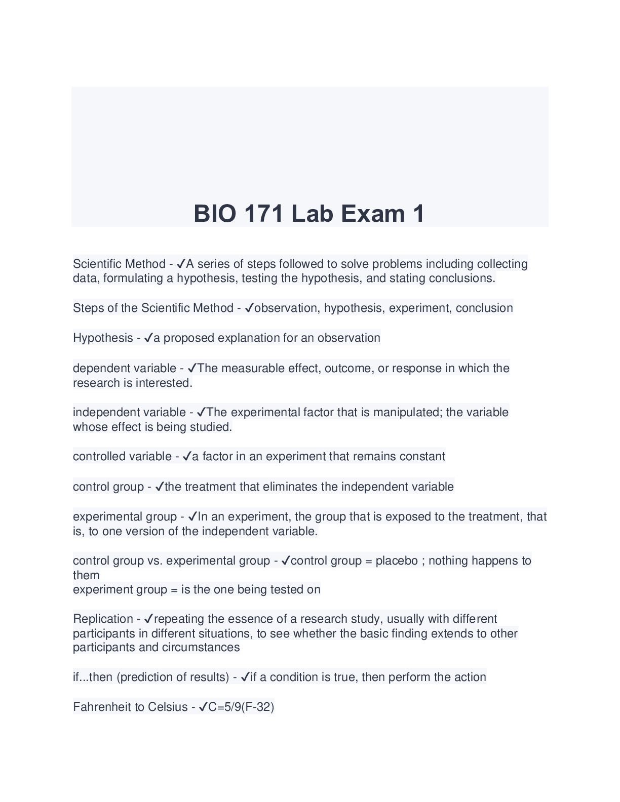 Bio 171 lab exam 1 (latest 2023/2024) complete solutions